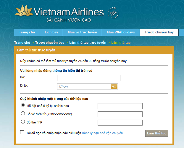 Hướng dẫn check in online Vietnam Airlines